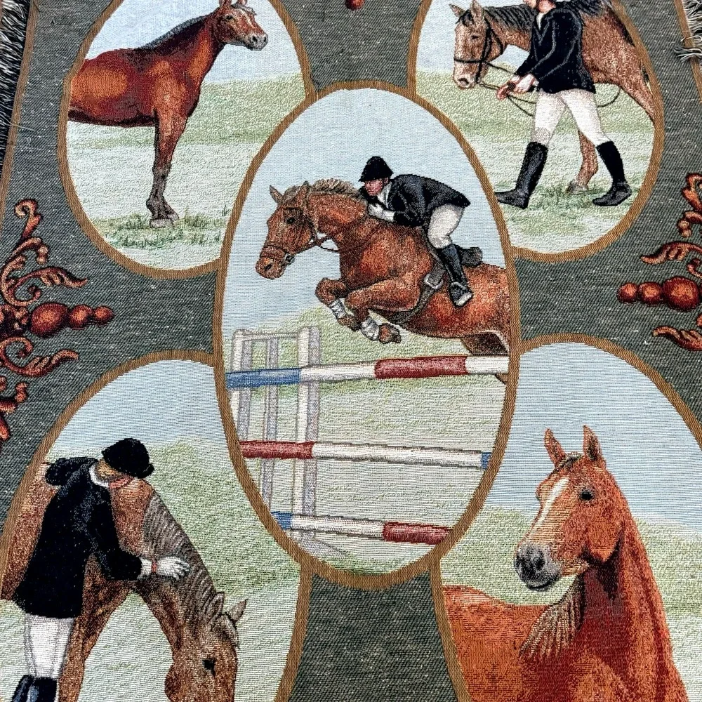 Vintage Run for the Roses Equestrian Tapestry Throw Horse Blanket USA 56x73